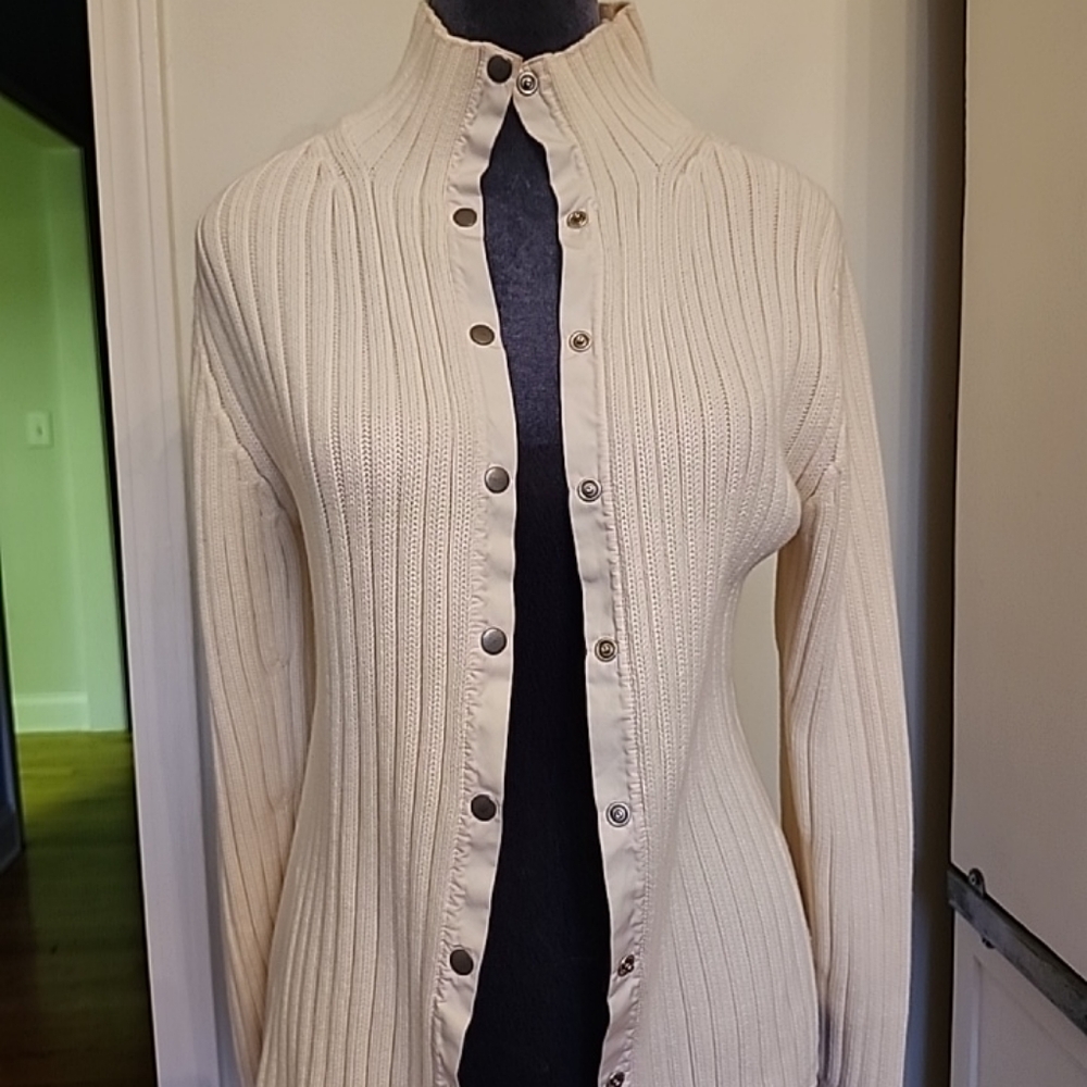 Banana Republic Thick Ribbed Cardigan Sweater Medium Cream Ivory Snaps Up Woman